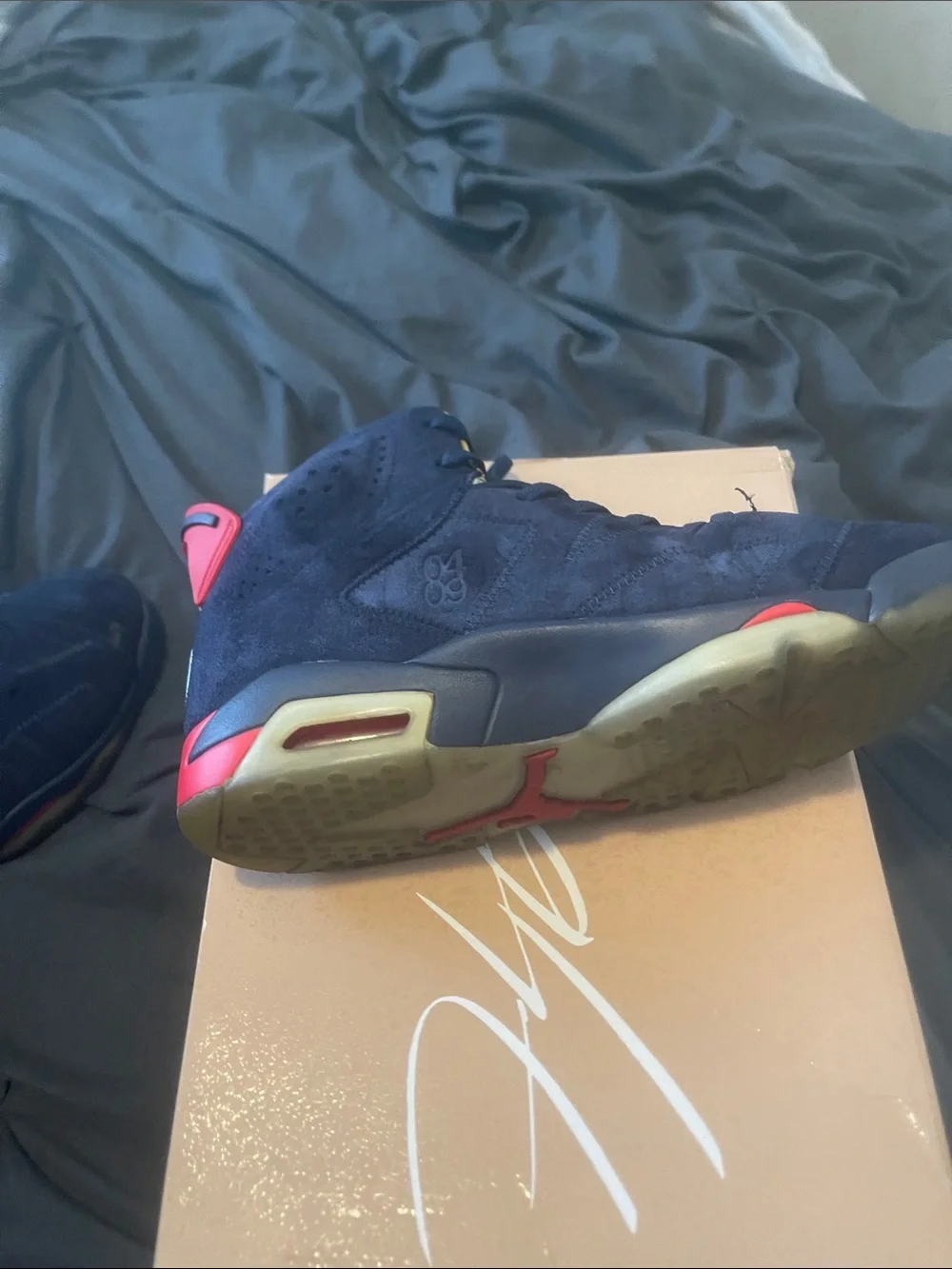 Jordan Men’s Athletic Shoes Navy Blue with Red and Gold Accents